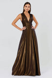 Brown A-Line V-Neck Long Formal Dress