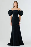 Sparkly Off The Shoulder Mermaid Black Tie Dress With Puff Sleeves