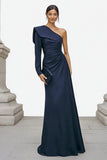 Navy One Shoulder Ruched Long Formal Dress