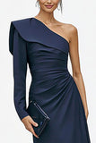 Navy One Shoulder Ruched Long Formal Dress