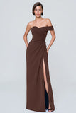 Off The Shoulder Coffee Ruched Sheath Formal Dress With Slit
