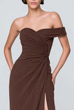 Off The Shoulder Coffee Ruched Sheath Formal Dress With Slit