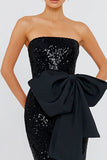 Strapless Mermaid Sequin Black Tie Dress With Bow