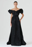 Black A-Line Off The Shoulder Long Formal Dress With Sequins