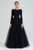 Black A-Line Bateau Neck Beaded Formal Dress with Long Sleeves