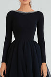 Black A-Line Bateau Neck Beaded Formal Dress with Long Sleeves