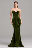 Olive Velvet Sweetheart Ruched Mermaid Maxi Formal Dress