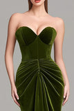Olive Velvet Sweetheart Ruched Mermaid Maxi Formal Dress