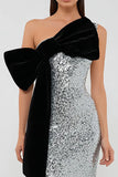 Sparkly Silver One Shoulder Sheath Formal Dress With Bow