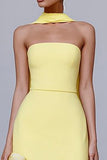 Strapless Yellow Sheath Long Formal Dress With Streamer
