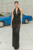 Halter Sheath Ruched Satin Maxi Black Tie Dress