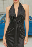 Halter Sheath Ruched Satin Maxi Black Tie Dress