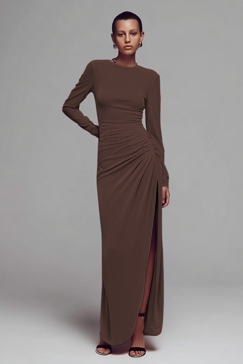 velvet ruched maxi dress Mathilde brown velvet-panel ruched maxi dress