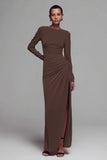 Coffee Sheath Velvet Ruched Formal Dress With Slit