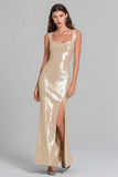 Sparkly Champagne Sheath Formal Dress With Slit