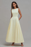 Light Yellow A-Line Boat Neck Long Formal Dress With Pockets