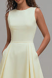 Light Yellow A-Line Boat Neck Long Formal Dress With Pockets