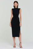 Black Ruched Sheath Midi Formal Dress With Slit