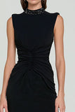 Black Ruched Sheath Midi Formal Dress With Slit