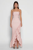 Strapless Pink Sheath Maxi Dress With Ruffles