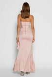 Strapless Pink Sheath Maxi Dress With Ruffles