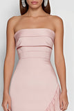 Strapless Pink Sheath Maxi Dress With Ruffles