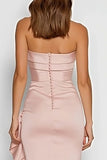 Strapless Pink Sheath Maxi Dress With Ruffles