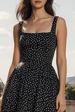 A-Line Black White Dot Square Neck Maxi Dress