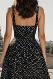 A-Line Black White Dot Square Neck Maxi Dress
