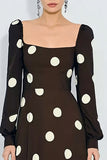 Brown A-Line Long Sleeve Polka Dot Dress