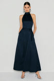 Navy Halter A-Line Wedding Guest Dress With Pockets