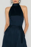 Navy Halter A-Line Wedding Guest Dress With Pockets