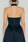 Navy Halter A-Line Wedding Guest Dress With Pockets