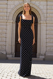 Sheath Black White Polka Dot Maxi Wedding Guest Dress