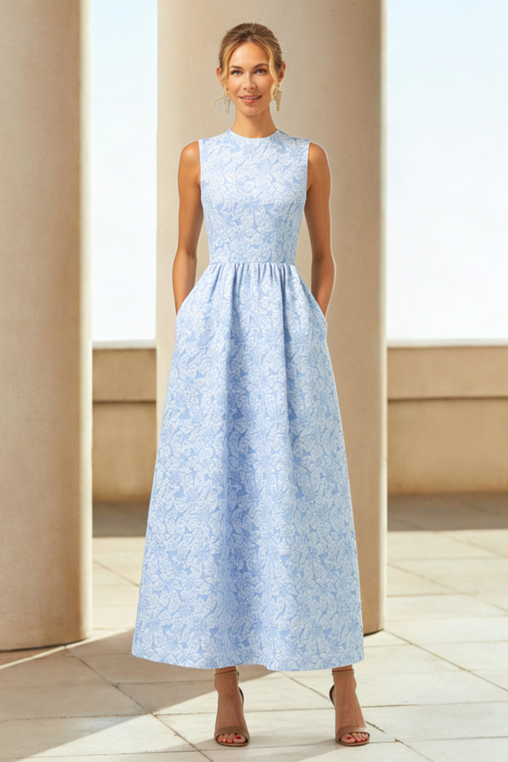 jacquard wedding guest dress Berylove Women Blue Jacquard Wedding Guest Dress With Pockets A-Line Round Neck Formal Dress, Blue / US10