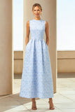 Blue Jacquard A-Line Wedding Guest Dress With Pockets