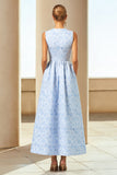 Blue Jacquard A-Line Wedding Guest Dress With Pockets
