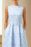 Blue Jacquard A-Line Wedding Guest Dress With Pockets