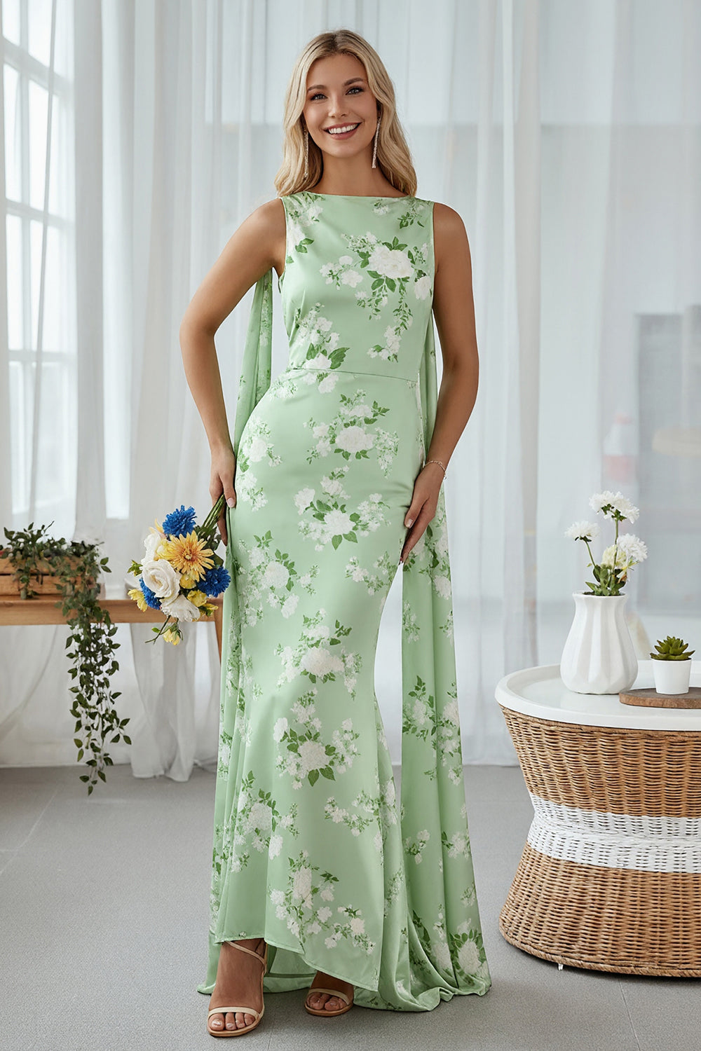 sage green floral wedding guest dress Leely Women Sage Green Floral Ruffled Long Wedding Guest Dress Boat Neck A Line Formal Dress with Sleeves