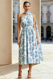 One Shoulder A-Line White Blue Flower Midi Wedding Guest Dress