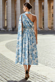 One Shoulder A-Line White Blue Flower Midi Wedding Guest Dress