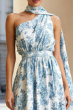 One Shoulder A-Line White Blue Flower Midi Wedding Guest Dress