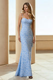 Blue Mermaid Spaghetti Straps Floral Maxi Dress