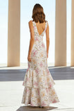 Pink Floral Mermaid V Neck Maxi Wedding Guest Dress