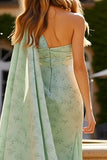 One Shoulder Sheath Sage Maxi Floral Dress With Cape
