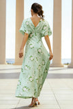 Green Floral Sheath V-Neck Wedding Guest Dress With Half Sleeves
