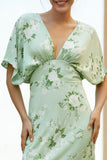 Green Floral Sheath V-Neck Wedding Guest Dress With Half Sleeves
