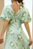 Green Floral Sheath V-Neck Wedding Guest Dress With Half Sleeves