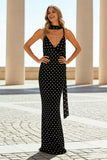 Black White Polka Dot Sheath Spaghetti Straps Wedding Guest Dress