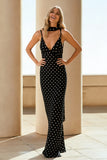 Black White Polka Dot Sheath Spaghetti Straps Wedding Guest Dress